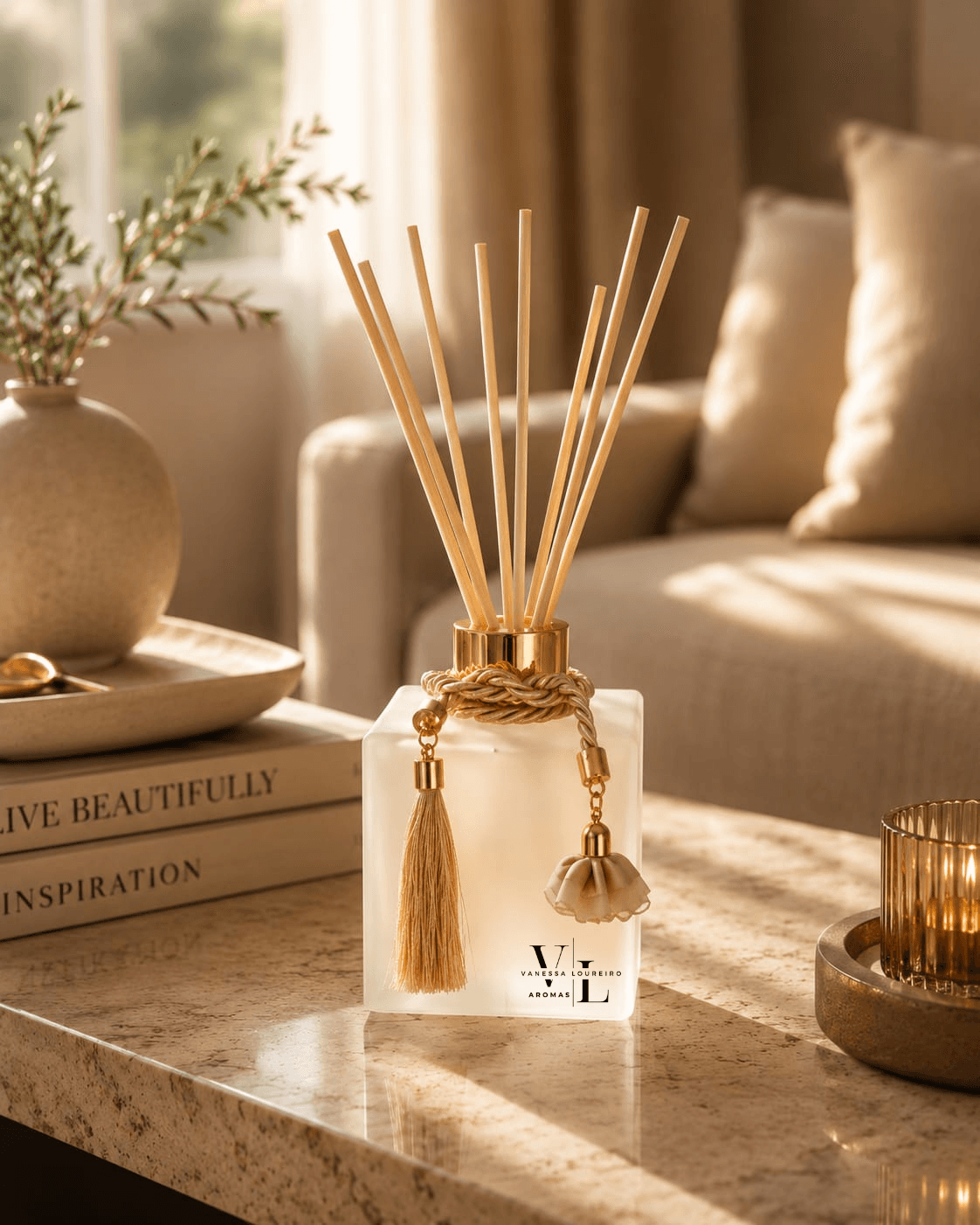 Difusor de aromas VL em frasco branco com varetas de madeira, cordão e pingente dourados, sobre mesa de mármore em sala com luz natural quente