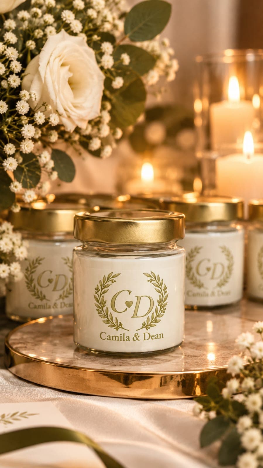 Lembrancinhas de casamento da VL Aromas — velas em potes de vidro com tampa dourada, personalizadas com o monograma de Camila & Dean, sobre bandeja dourada entre rosas brancas e velas acesas