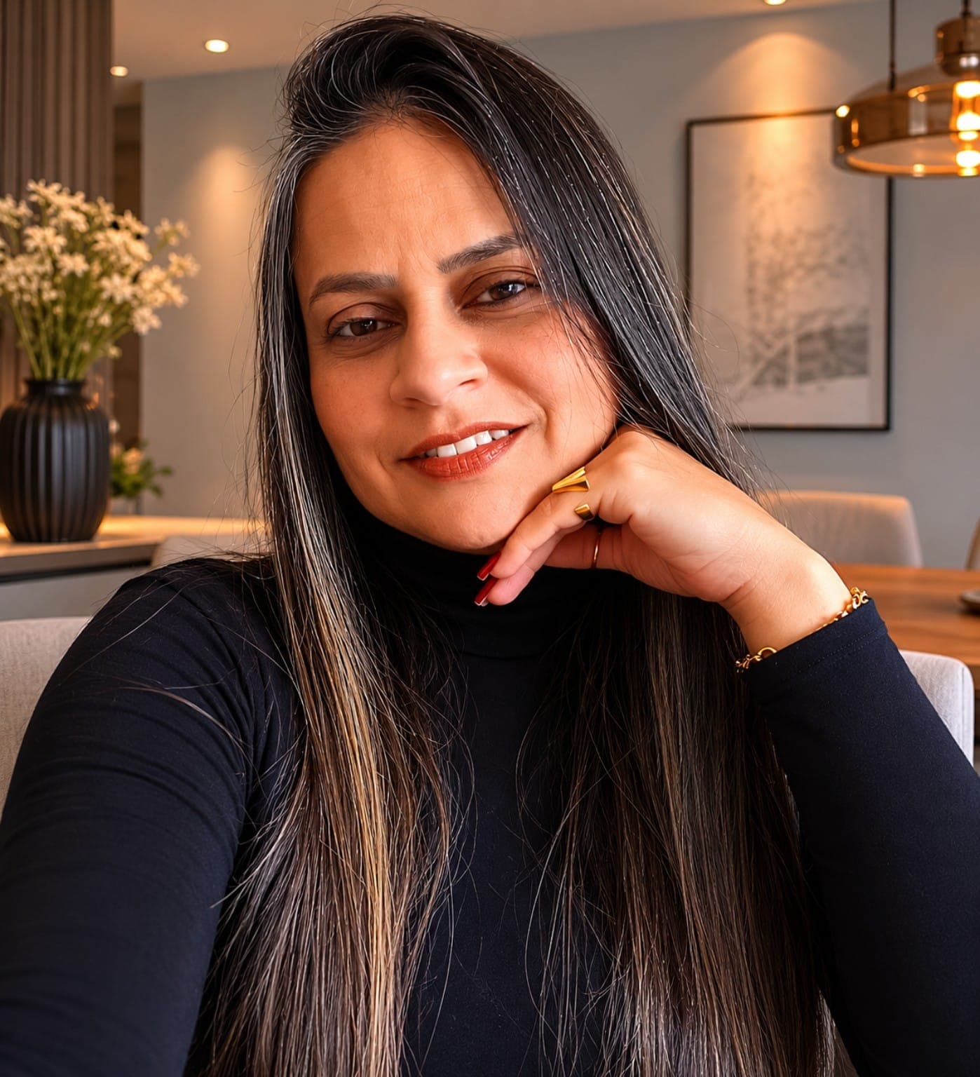 Vanessa Loureiro, fundadora da VL Aromas, sorrindo com a mão apoiada no queixo, em sala de estar moderna e acolhedora